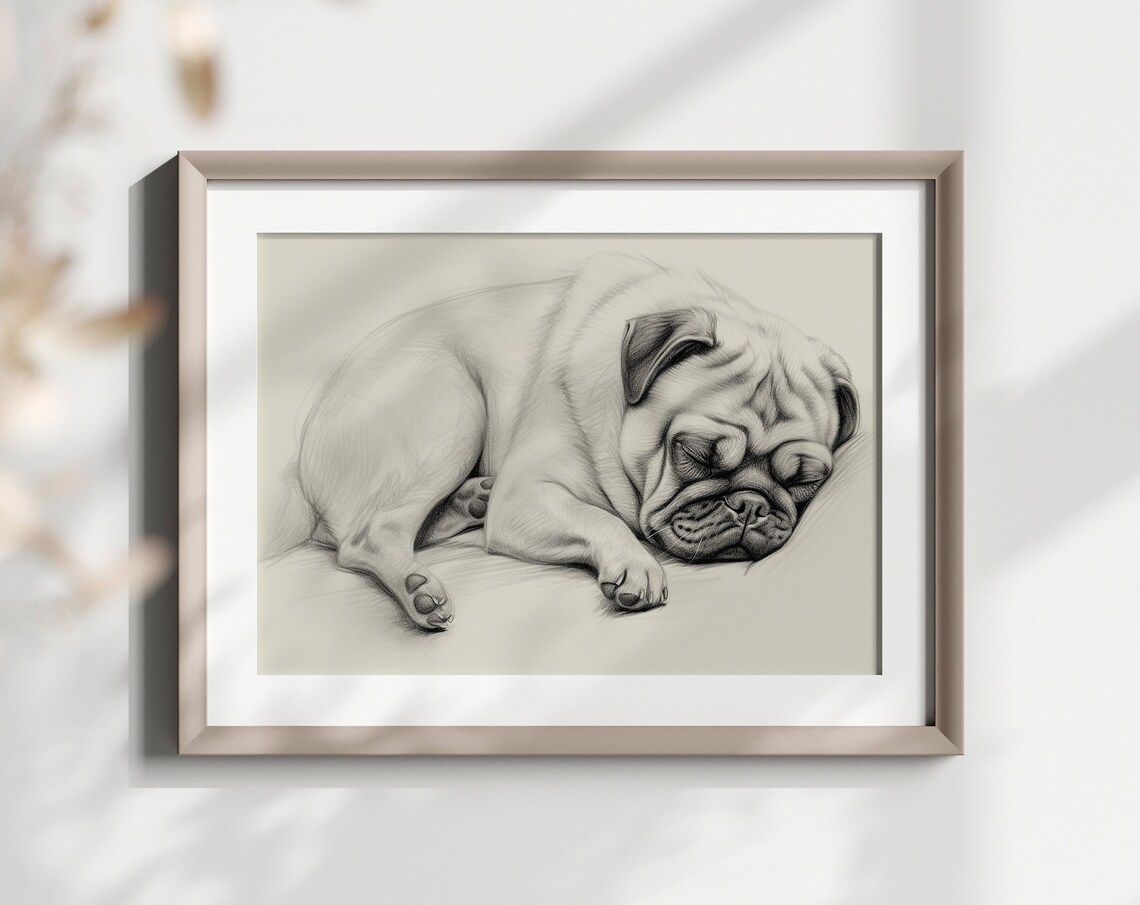 Pug Sleeping Wrinkled Puppy Pencil Sketch Breed Lover Gift Poster