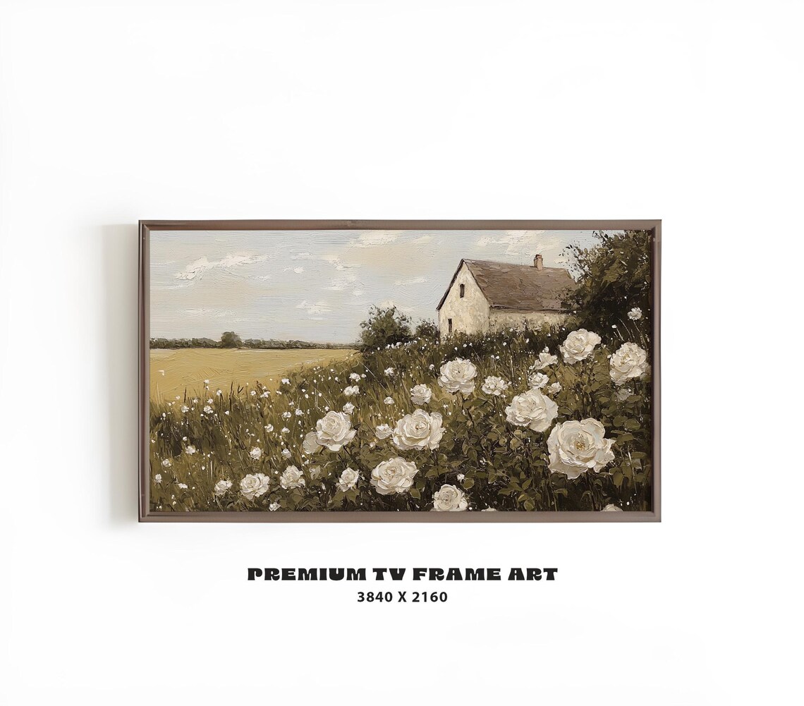 Cottage Garden White Roses Farmhouse Muted Landscape Art Poster