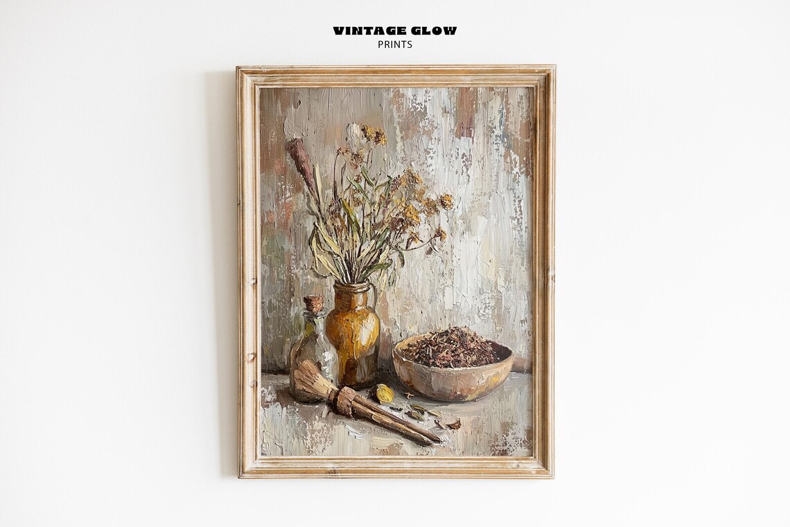 Dried Herbs Still Life Art Print, Rustic Kitchen