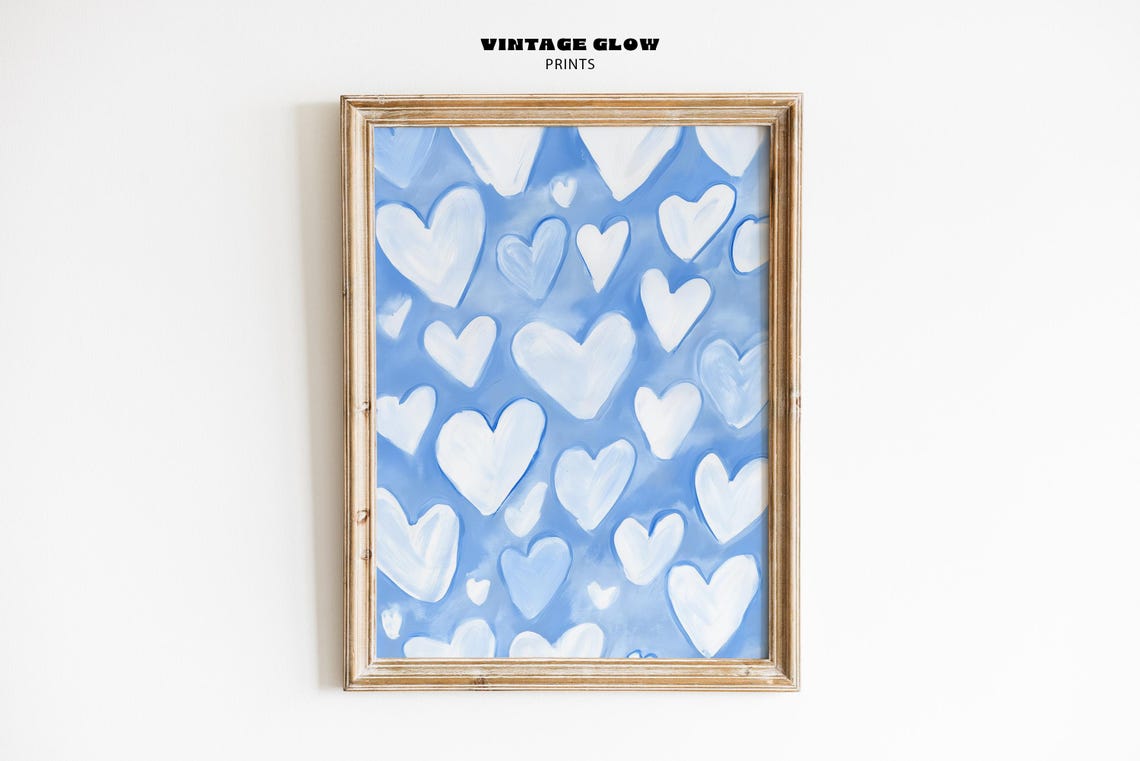 Blue Pastel Hearts Hand Painted Trendy Girly Room Pattern Poster