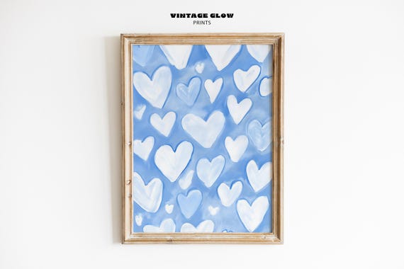 Blue Preppy Hearts Art Print Trendy Girly Wall Decor Abstract Heart Poster For Dorm Or Apartment V356