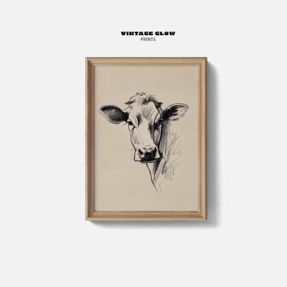 Vintage Cow Sketch Art Print, Rustic Farmhouse