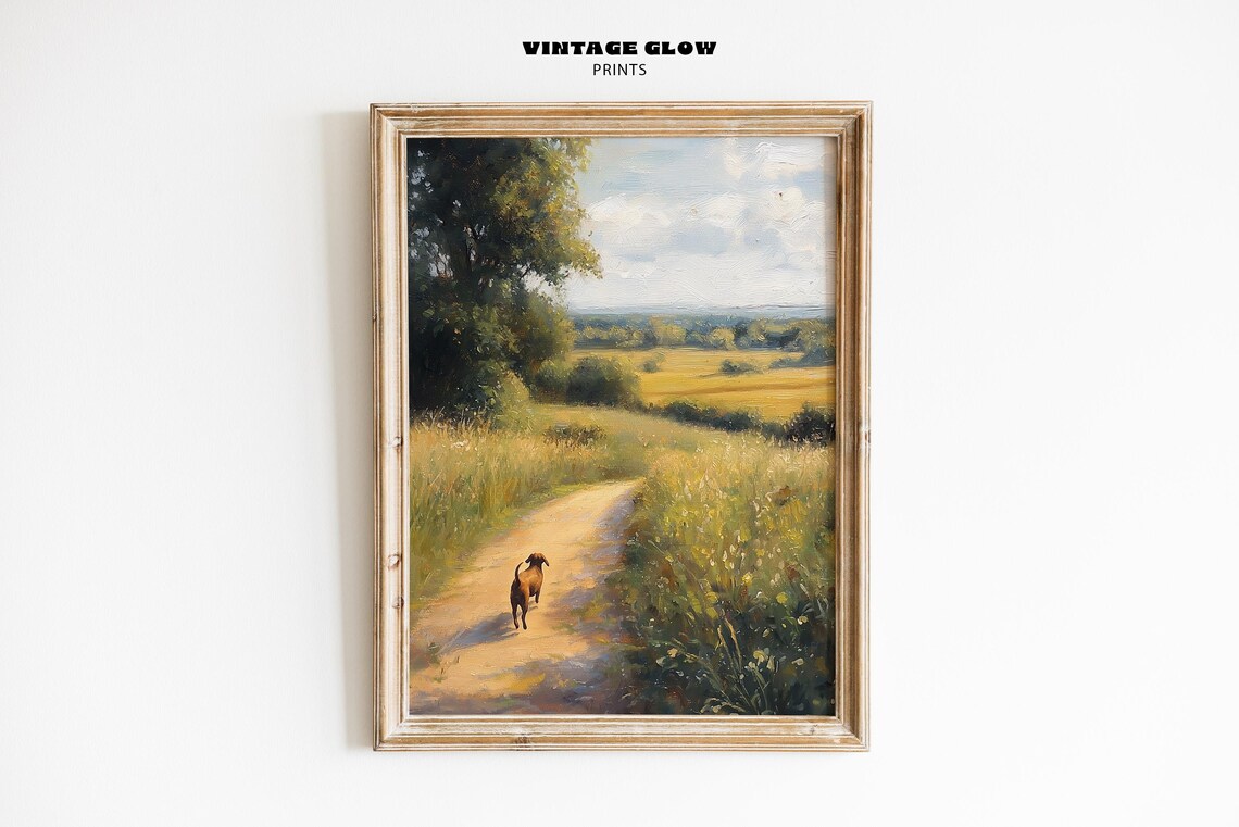Dachshund Country Lane Vintage Oil Painting Rustic Dog Art Poster