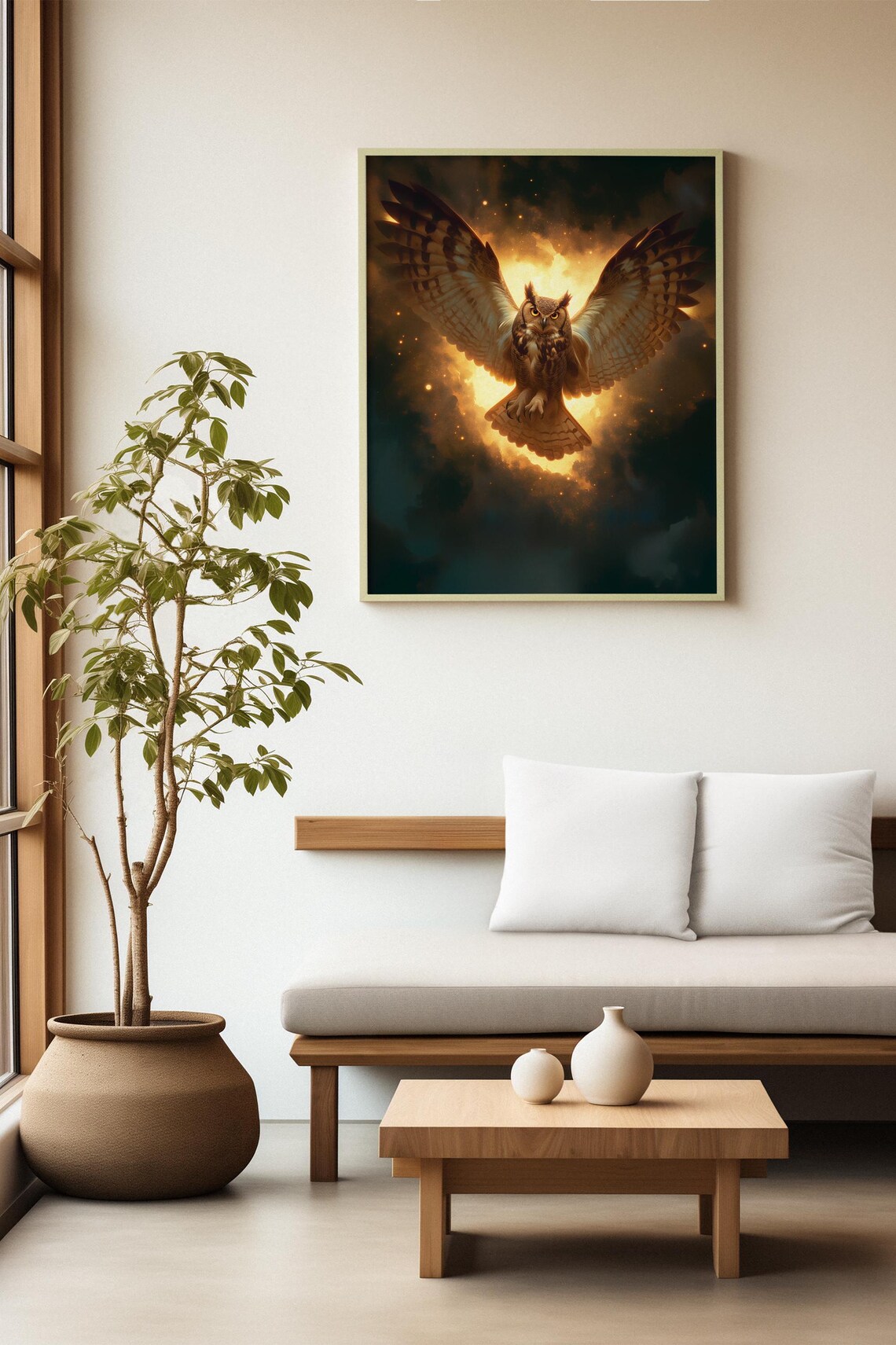 Majestic Great Horned Owl Soaring Through a Fiery Night Sky Poster - Image 2