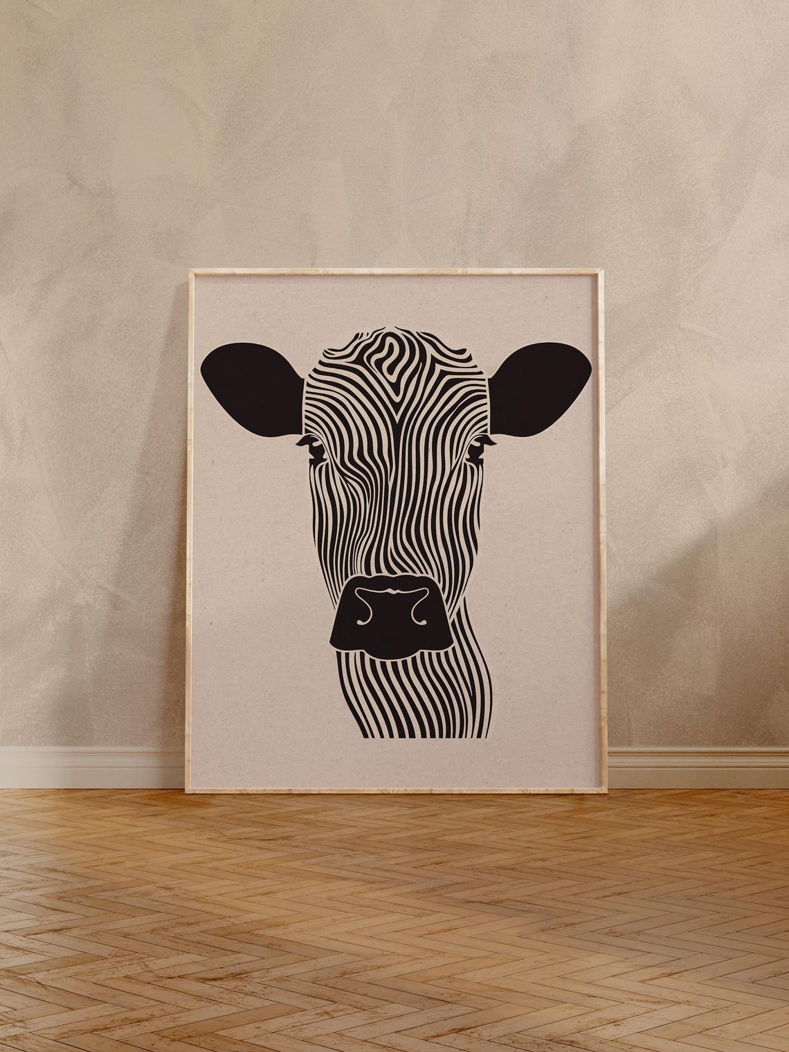 Bold Graphic Black and White Zebra-Striped Cow Head Line Art Poster - Image 5