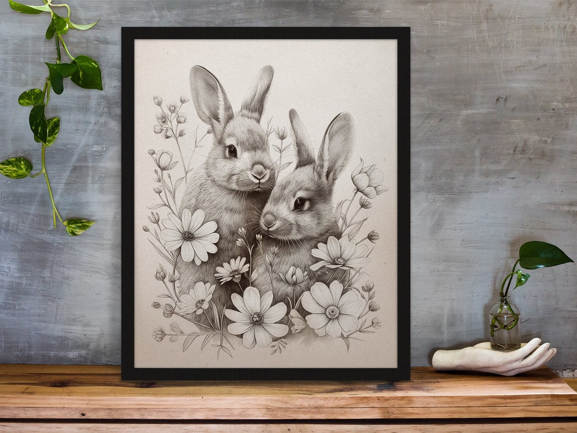 Two Rabbits Among Flowers Graphite Pencil Sketch Animal Poster - Image 7