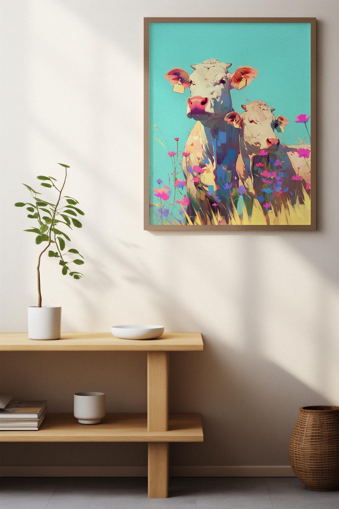 Two White Cows Among Pink Wildflowers on a Turquoise Sky Poster - Image 7
