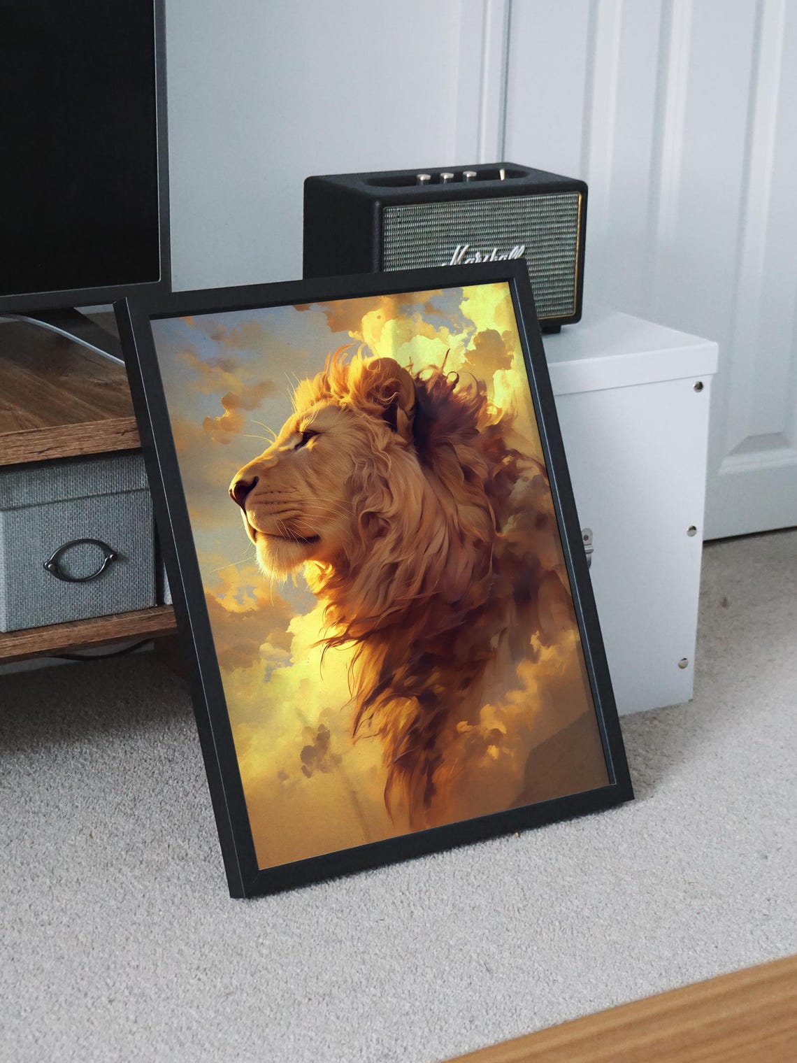 Lion in Profile Against Golden Sunset Clouds Painted Wildlife Poster - Image 8
