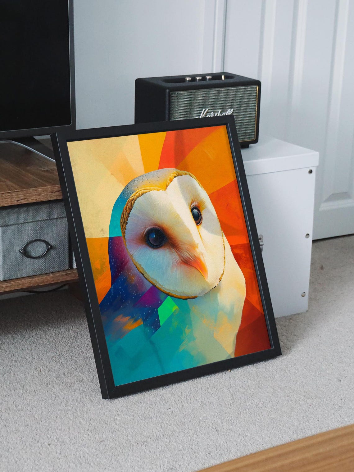 Barn Owl Face Close-Up With Orange and Teal Sunburst Colors Art Poster - Image 8
