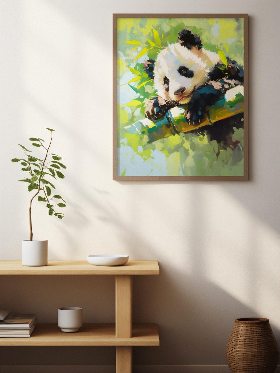 Cute Panda Cub Resting on Bamboo Among Soft Green Leaves Art Poster - Image 2