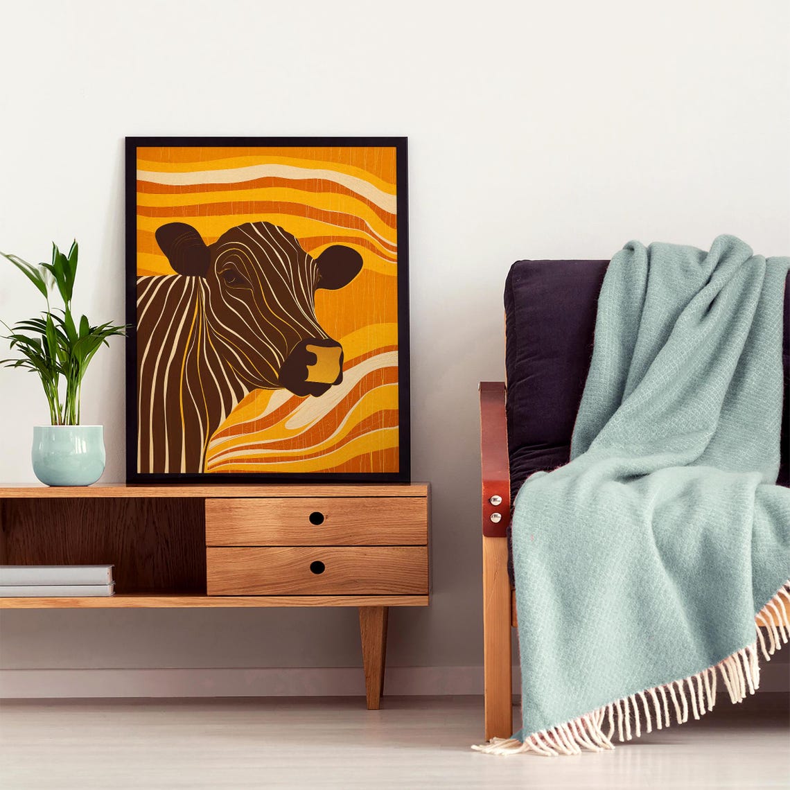 Retro Striped Cow Head on Orange Wavy Sunburst Background Art Poster - Image 6