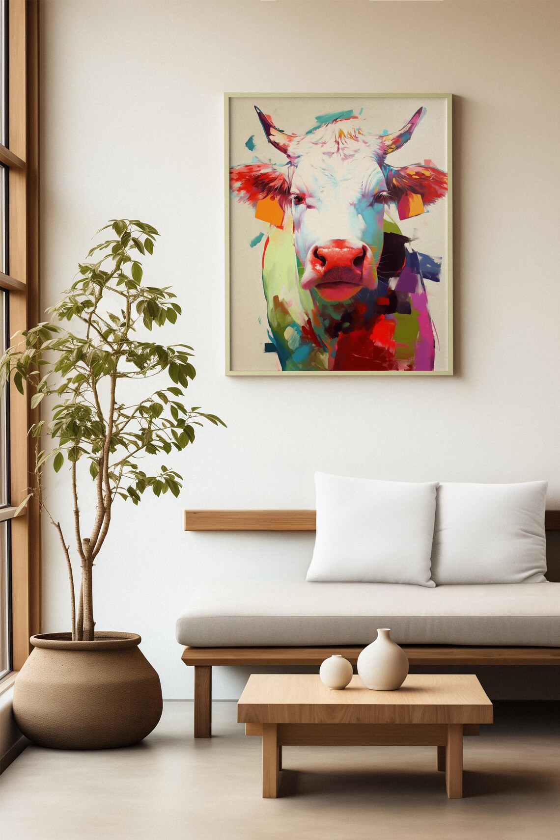 Vibrant Pop Art Cow Portrait in Teal, Red and Coral Hues Poster - Image 2