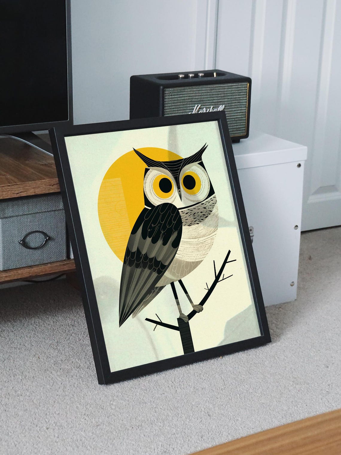 Retro Geometric Owl Perched on a Branch Under a Golden Sun Poster - Image 8