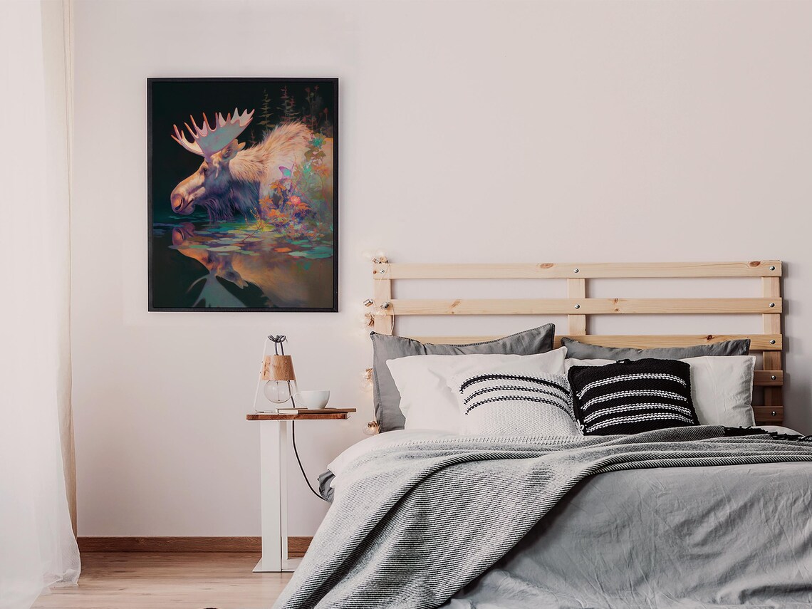 Moose Bull Drinking at Dark Water With Mirror Reflection Painting Poster - Image 7