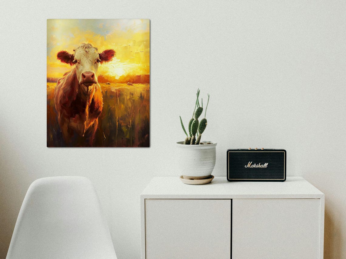 Impressionist Cow Portrait in a Sunlit Field at Golden Sunset Poster - Image 7