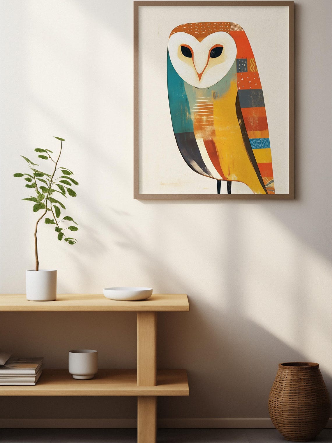 Mid-Century Geometric Barn Owl in Teal and Mustard Tones Poster - Image 7