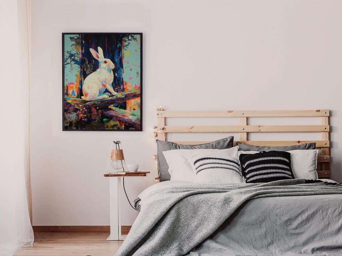 White Rabbit Sitting on a Branch With Colorful Abstract Forest Poster - Image 6