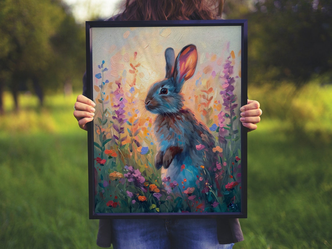 Bunny Rabbit in Lavender Meadow Sunset Oil Painting Art Poster - Image 6