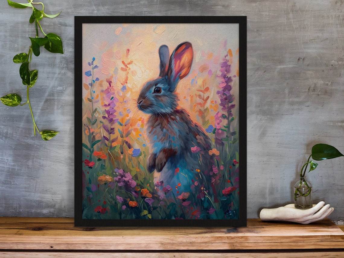 Bunny Rabbit in Lavender Meadow Sunset Oil Painting Art Poster - Image 3