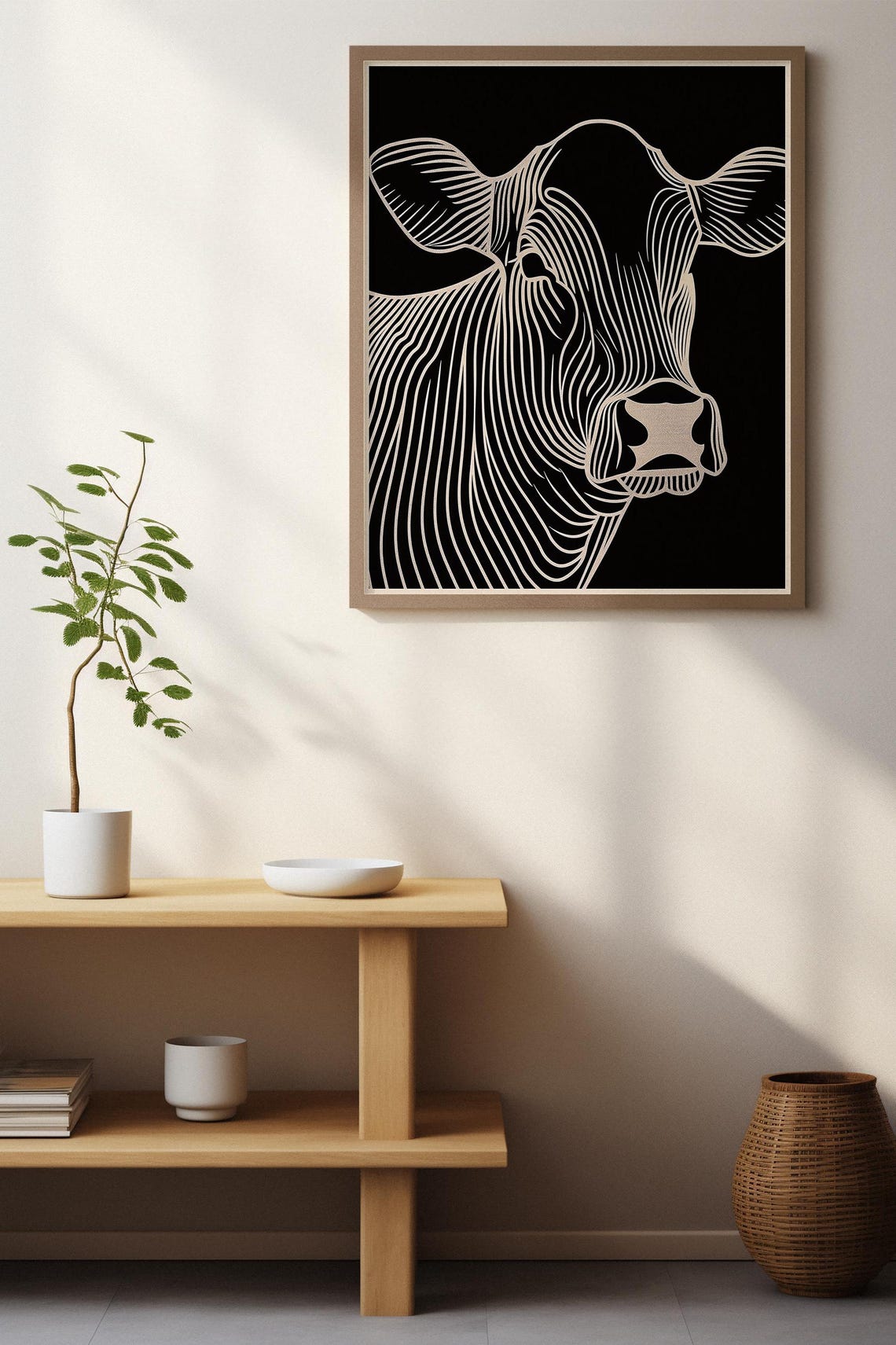 White Line Art Cow Head on a Dramatic Black Background Poster - Image 3