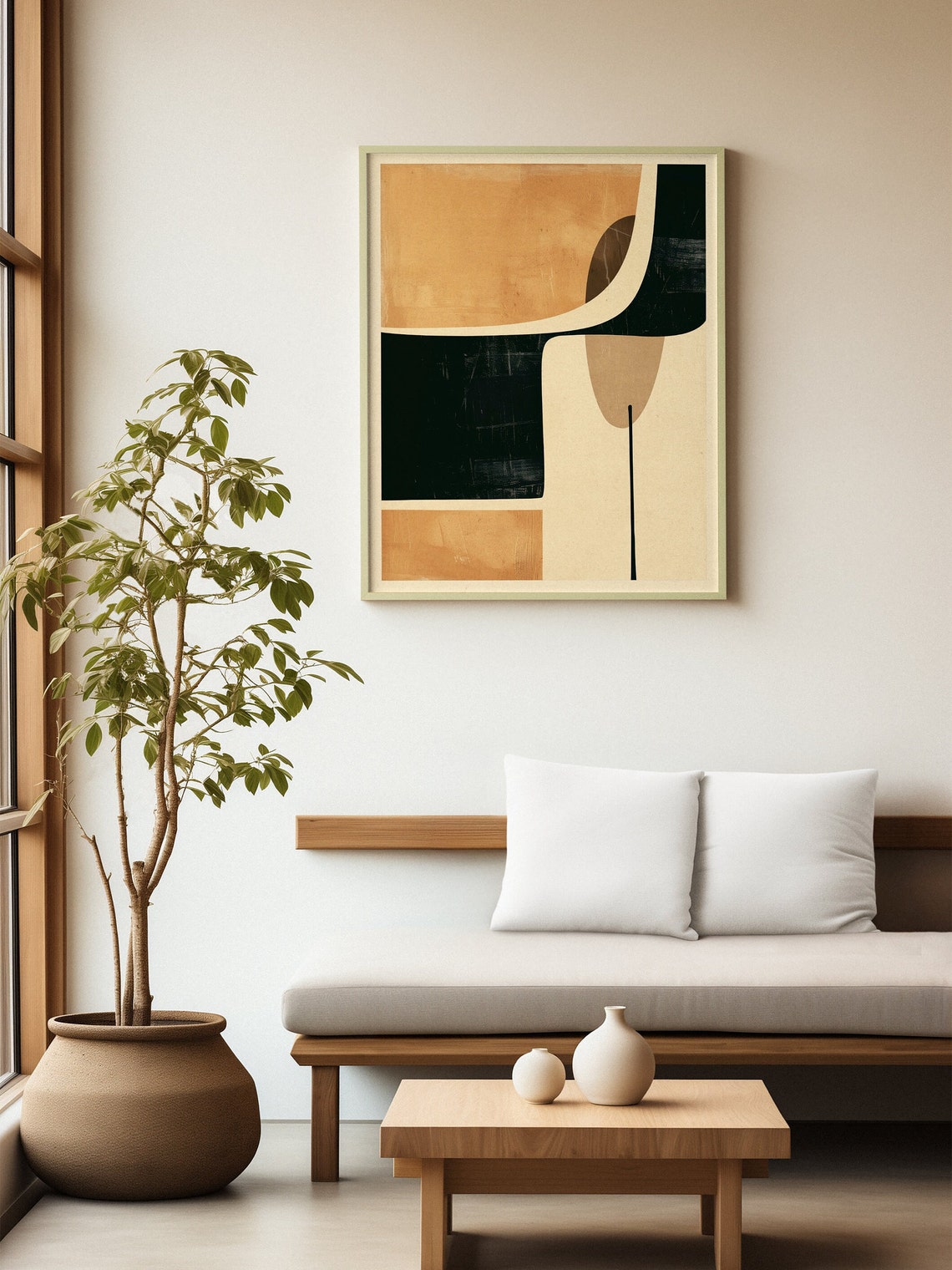 Tan and Dark Teal Organic Shapes Mid Century Modern Art Poster - Image 7