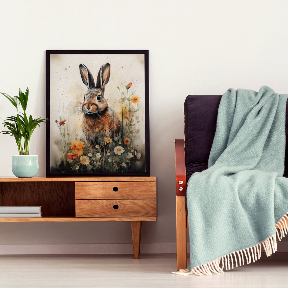 Brown Hare in Wildflower Garden Watercolor Meadow Art Poster - Image 3