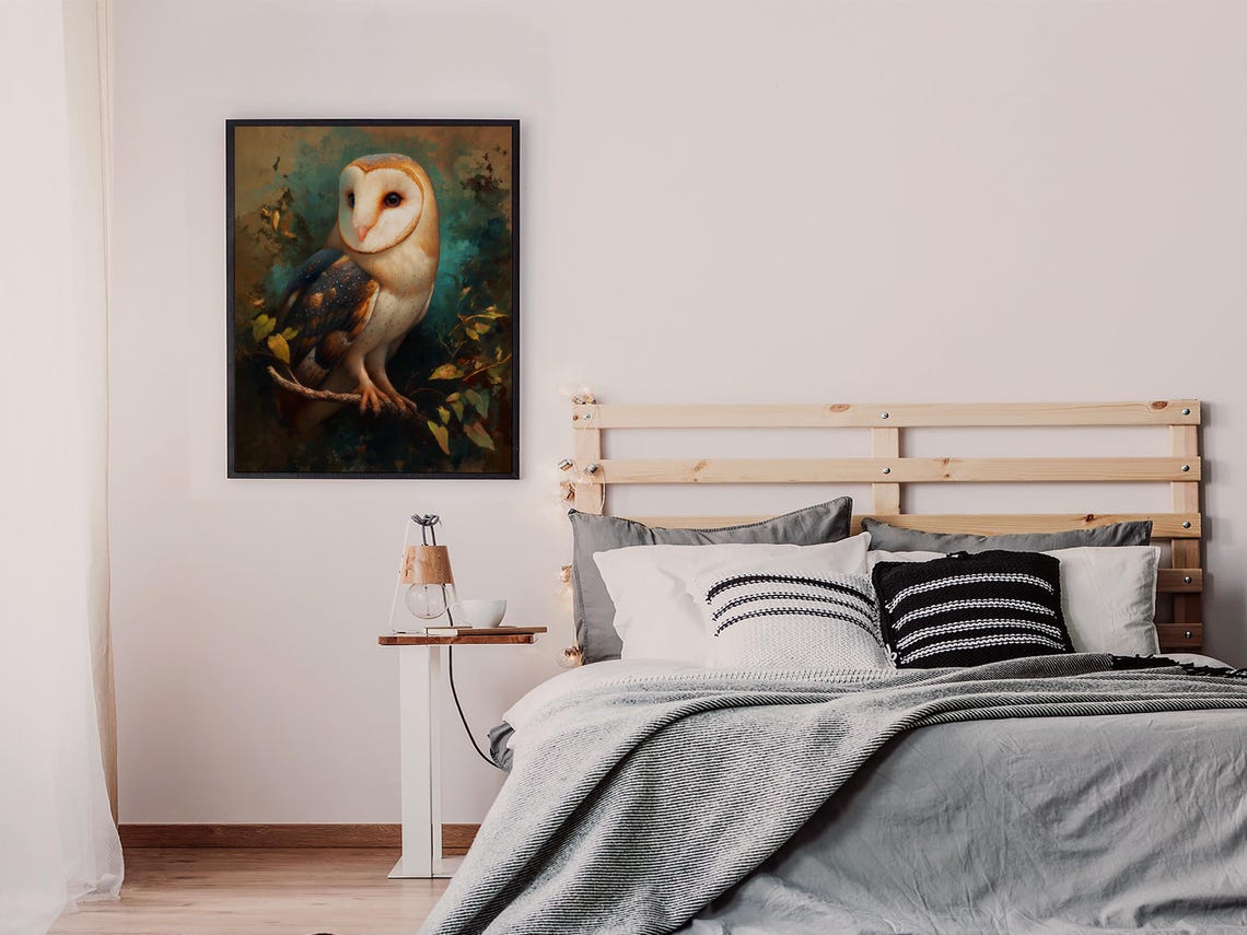 Barn Owl Perched on a Branch in Moody Forest Green Tones Poster - Image 7