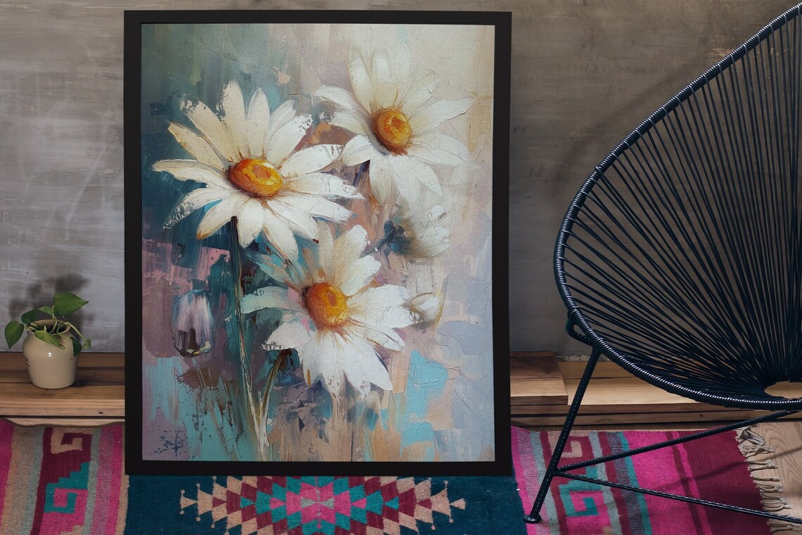 White Daisy Bouquet Oil Painting Soft Floral Botanical Art Poster - Image 2