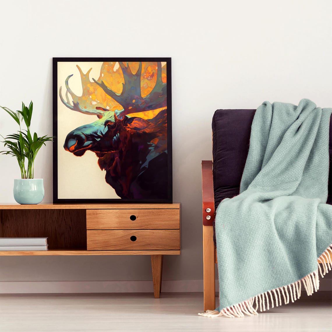 Moose Profile With Glowing Antlers in Dark Amber Forest Colors Poster - Image 6