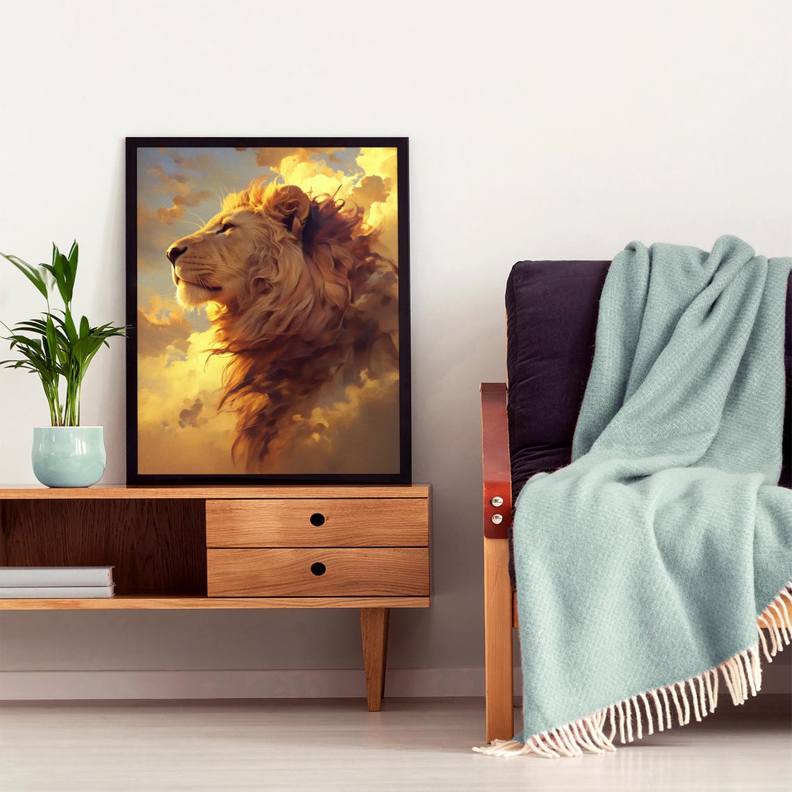 Lion in Profile Against Golden Sunset Clouds Painted Wildlife Poster - Image 4