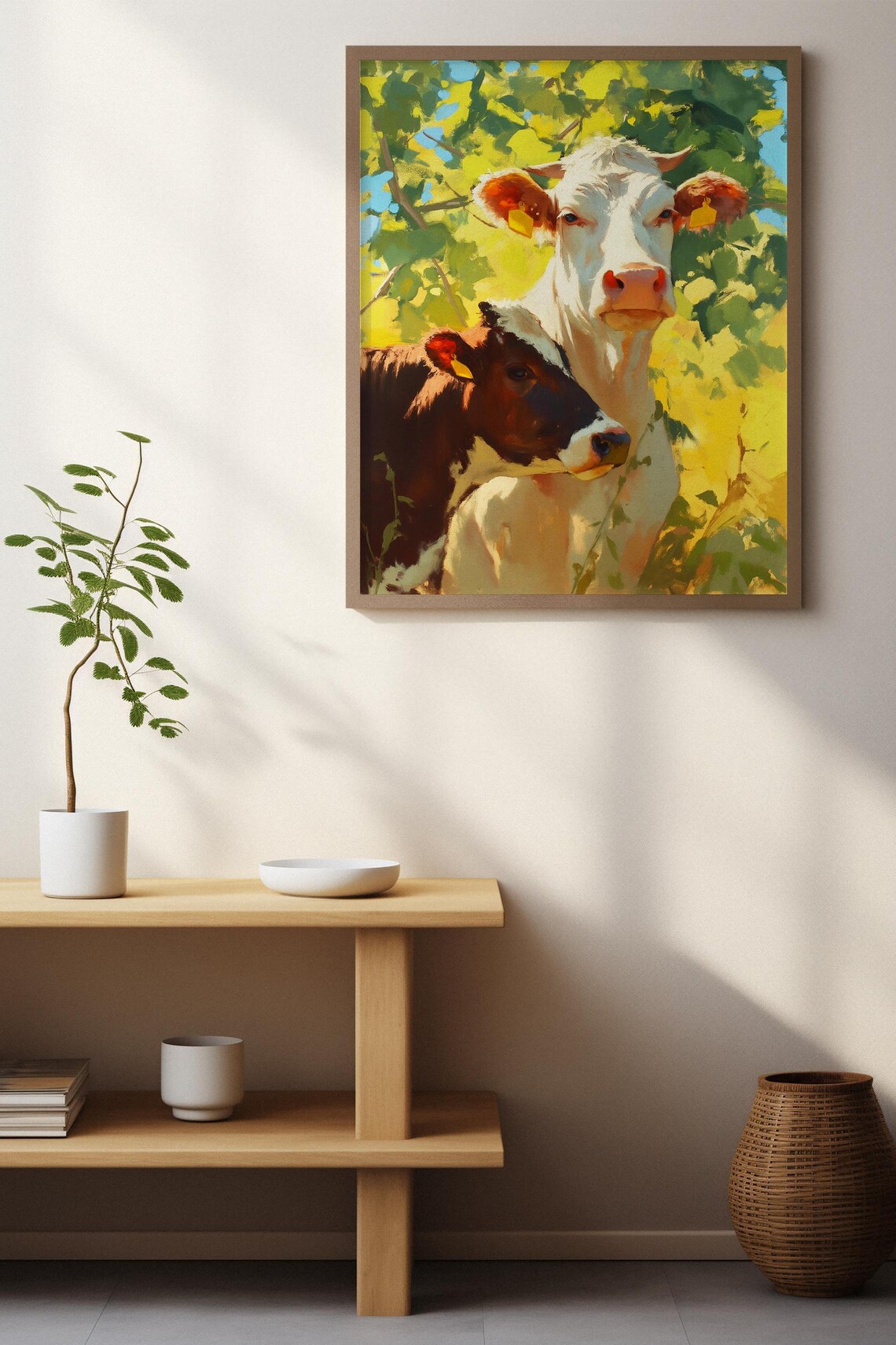 White Cow and Brown Calf Close-Up in Dappled Sunlight Poster - Image 8