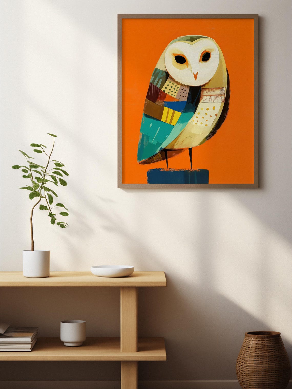 Geometric Patchwork Barn Owl on a Bold Orange Background Art Poster - Image 3