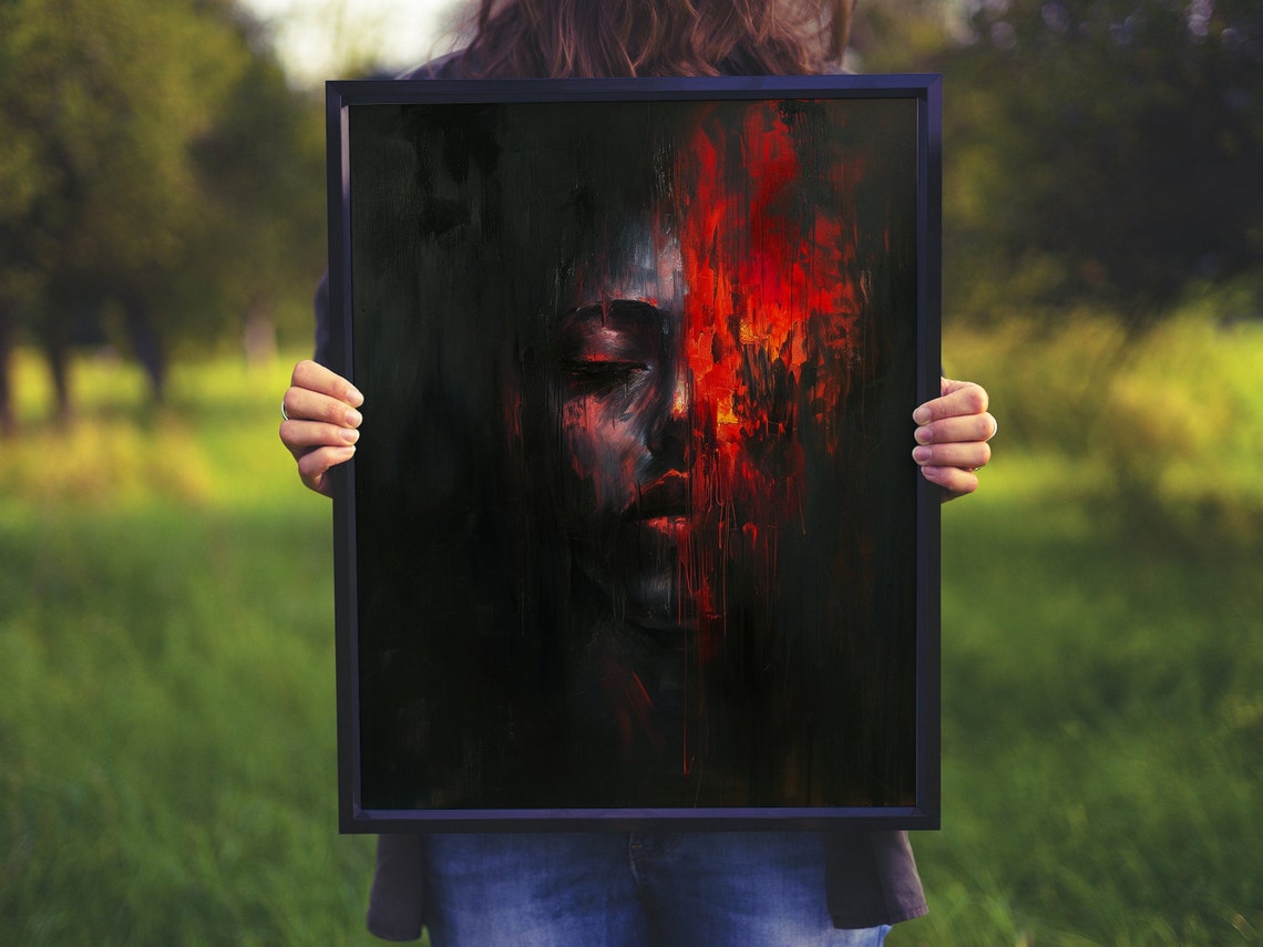 Half Face in Darkness With Fiery Red Abstract Oil Art Poster - Image 5