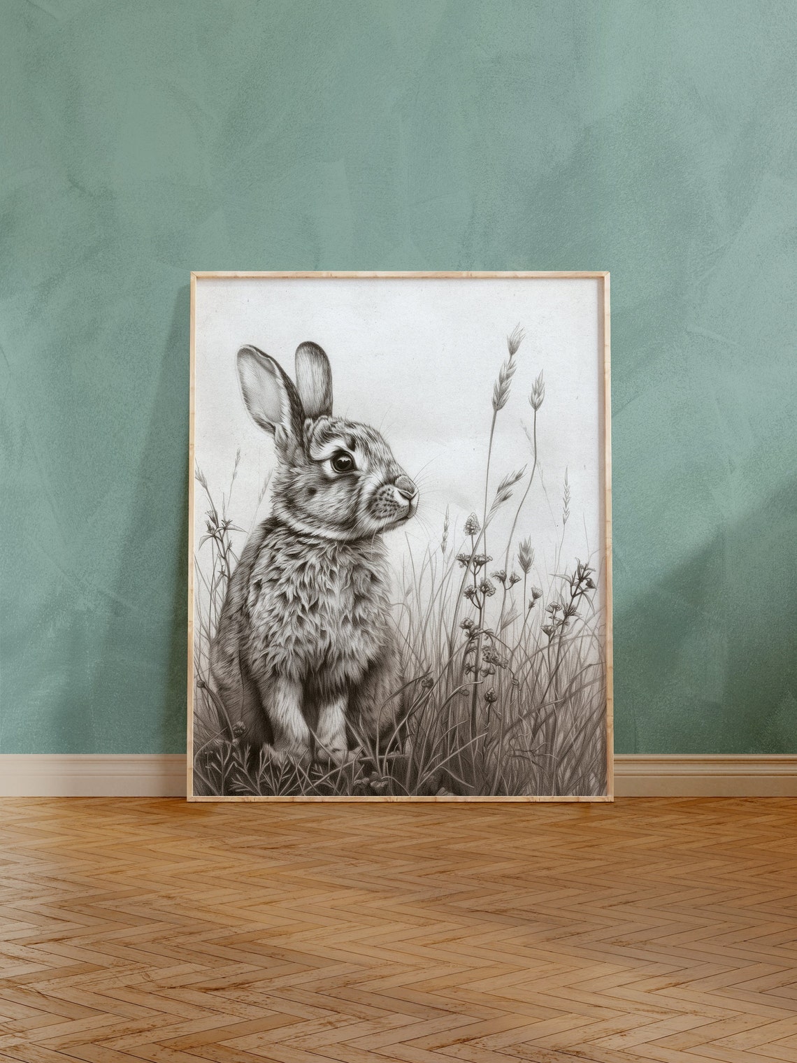 Rabbit in Tall Grass Graphite Pencil Drawing Wildlife Poster - Image 3
