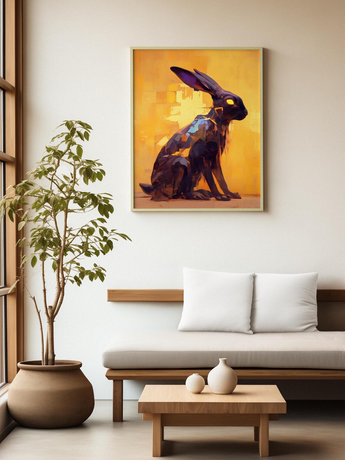 Dark Stylized Rabbit With Glowing Yellow Eyes on Golden Background Poster - Image 2