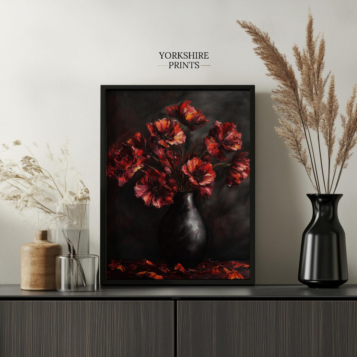 Dark Moody Red Poppies Black Vase Dramatic Floral Still Life Poster - Image 3