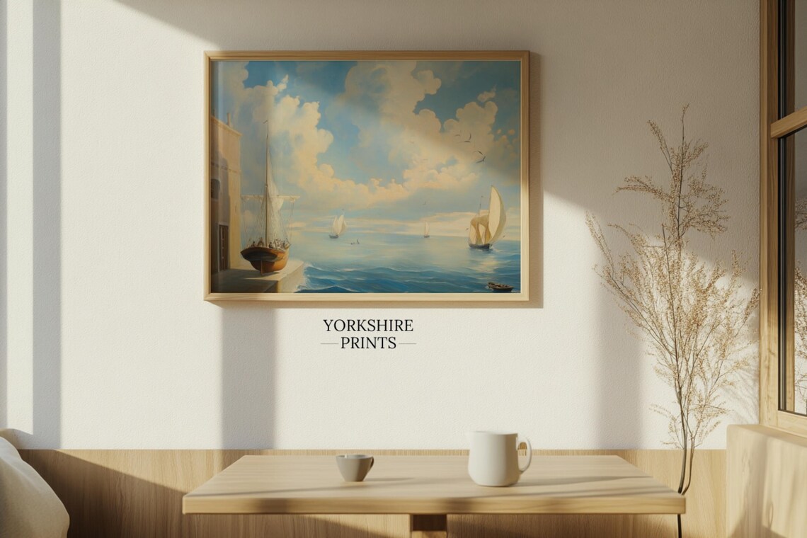 Mediterranean Harbor Sailboats Bright Blue Sky Coastal Oil Poster - Image 3