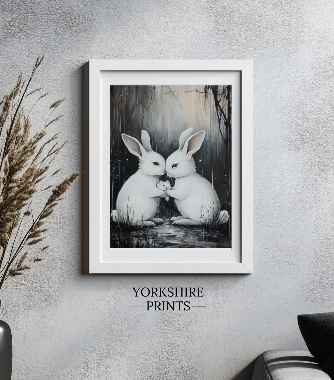 Two White Rabbits Baby Bunny Dark Forest Rain Animal Art Poster - Image 3