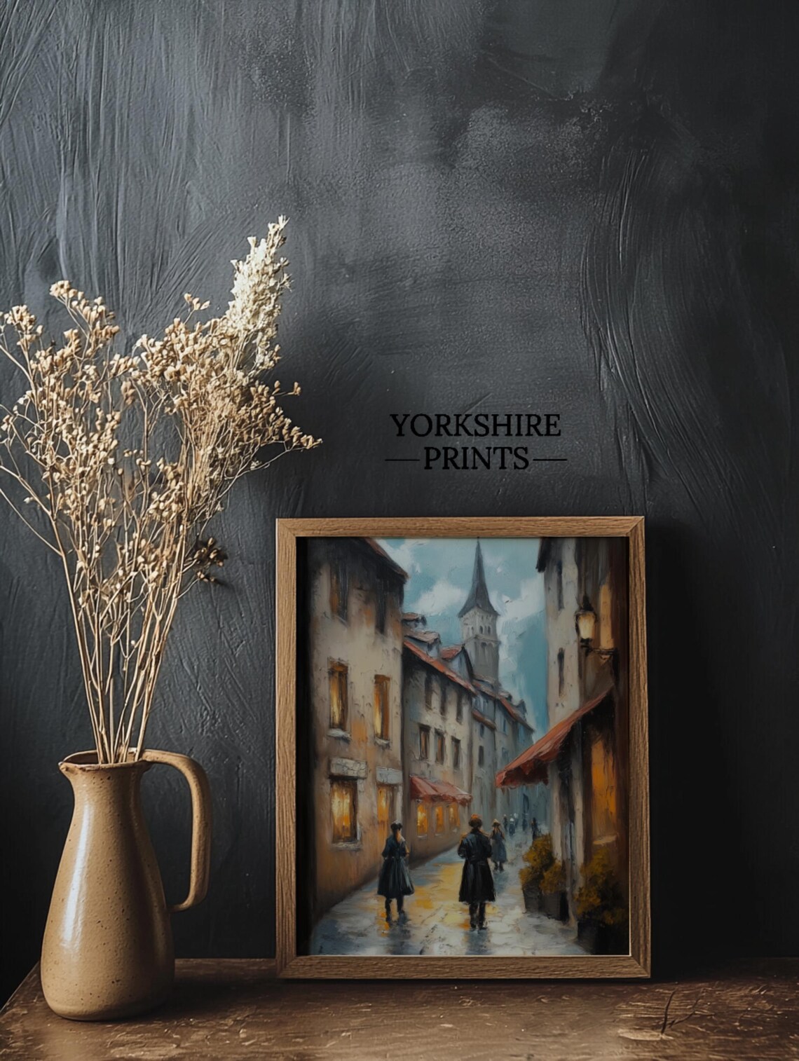 Rainy European Old Town Cobblestone Street Church Spire Poster - Image 3