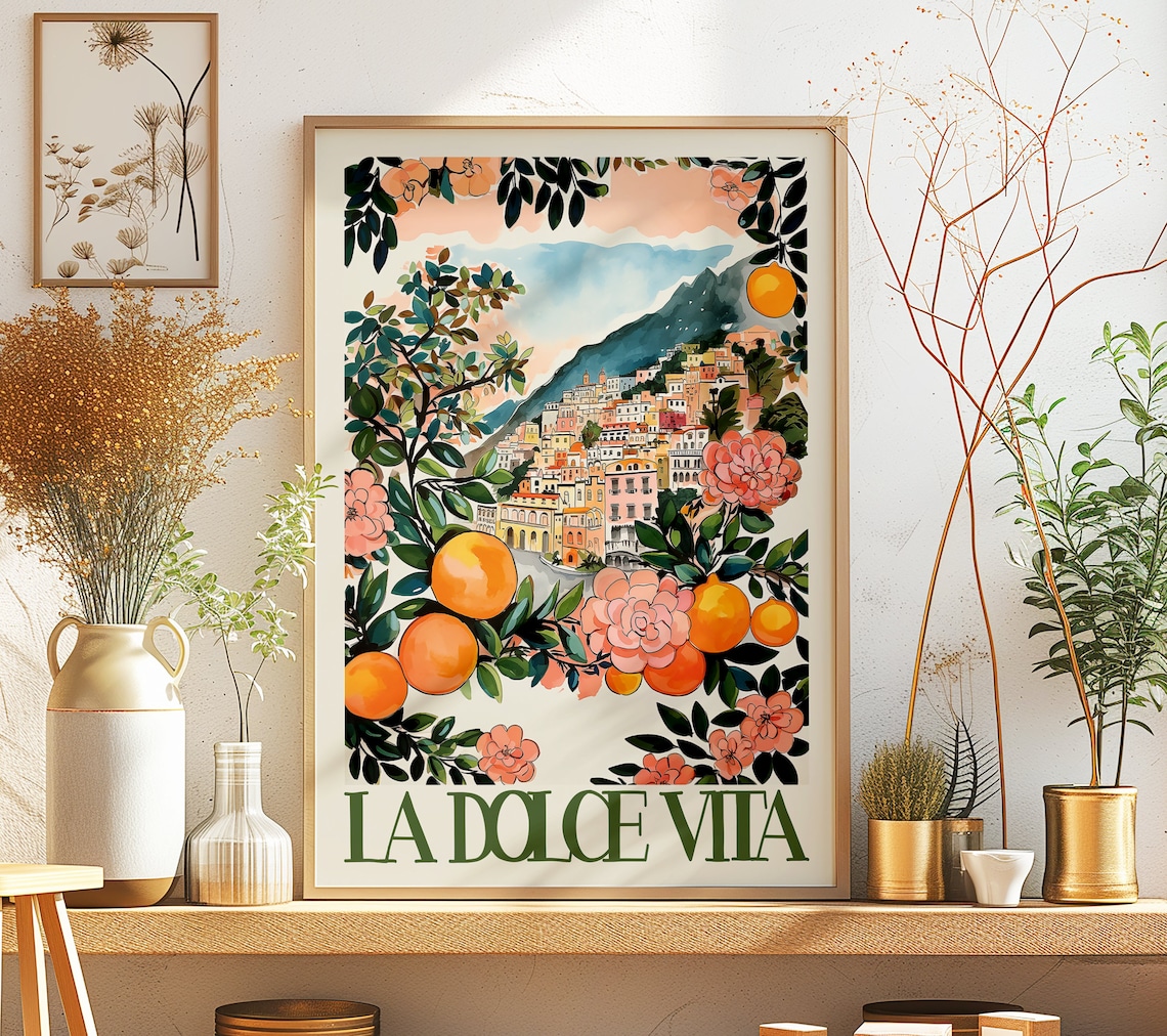 La Dolce Vita Italy Retro Travel Poster, Amalfi Coast
