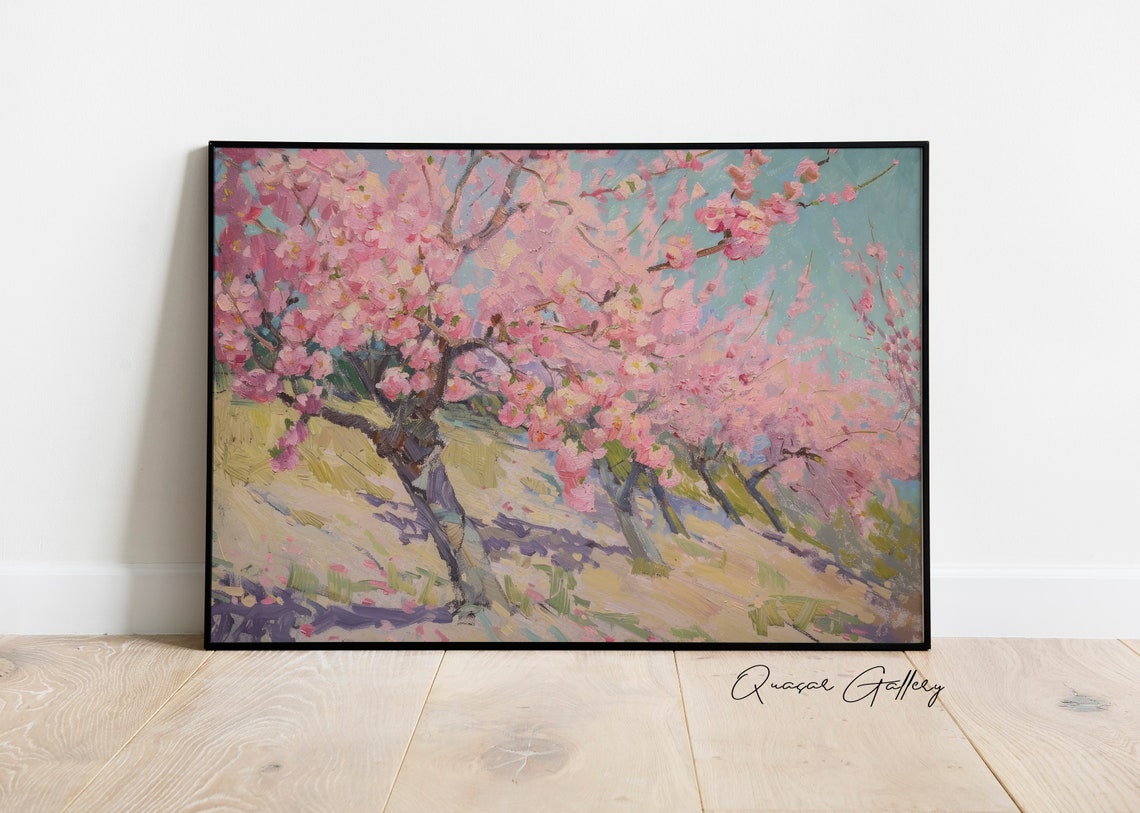 Spring Garden Print Original Art Pastel Pink Wall Print Cherry Blossom Art Whimsical Tree Art Peaceful Wall Art Soft Tonal Palette - Image 3