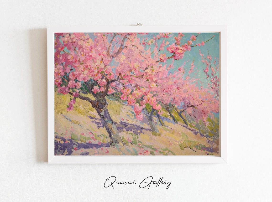 Spring Garden Print Original Art Pastel Pink Wall Print Cherry Blossom Art Whimsical Tree Art Peaceful Wall Art Soft Tonal Palette - Image 2
