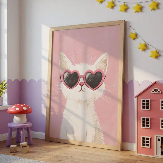 Whimsical Cat Nursery Art Framed Kids Room Decor Playful Design