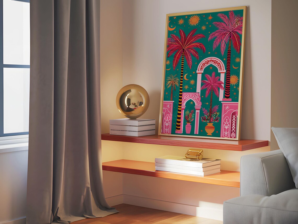 Retro Palms Tropical Art Print, Luxury Pine Wood Frame - Image 5
