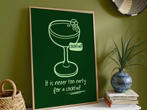 Funny Cocktail Quote Neon Line Art Dark Green Bar Decor Poster