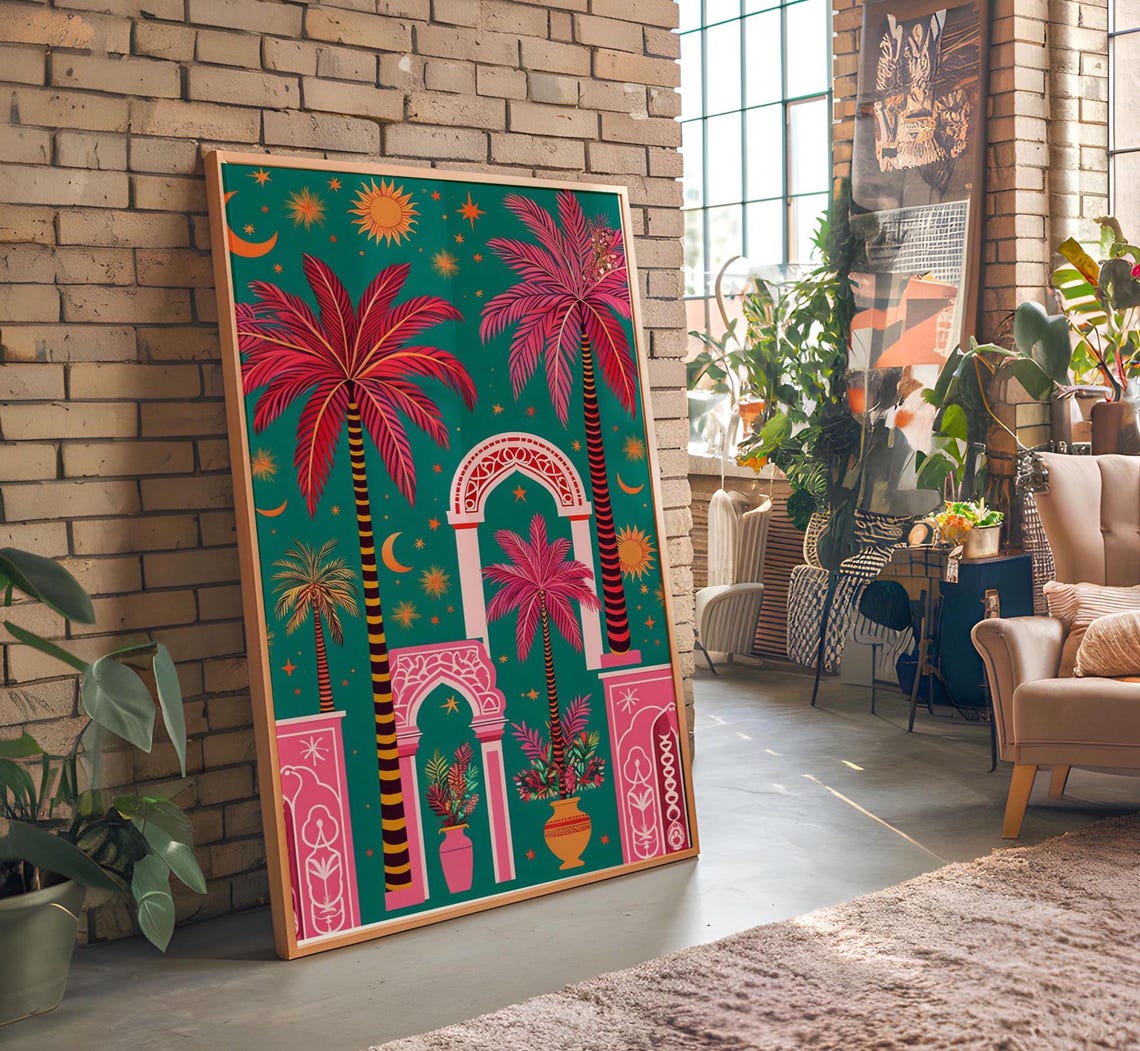 Retro Palms Tropical Art Print, Luxury Pine Wood Frame - Image 2