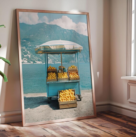 Sunny Italian Lemon Cart Coastal Summer Vintage Style Art Print