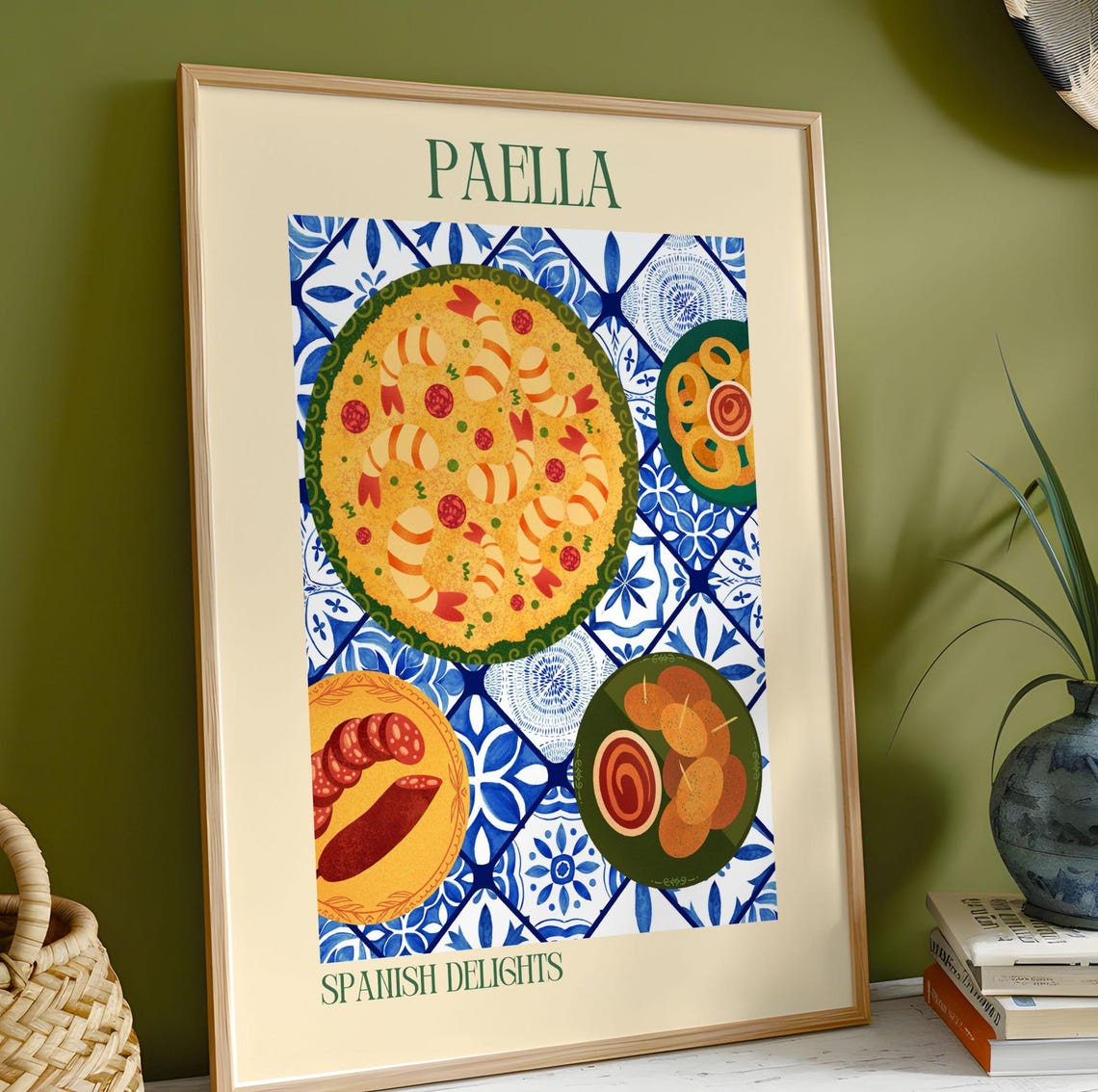Paella Spanish Delights Seafood Pan Azulejo Tile Retro Foodie Poster