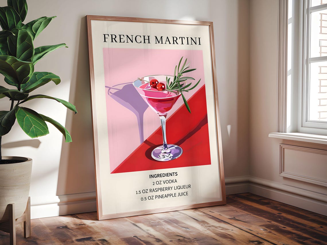 French Martini Cocktail Ingredients Retro Pink Bar Art Poster
