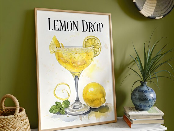 Lemon Drop Cocktail Watercolor Yellow Citrus Martini Glass Poster